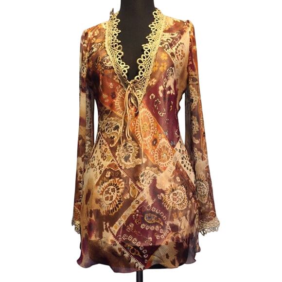 Cache Gold Silk Shimmer Lined Embellished Peasant Boho Lace Up Top New $138 NWT - Picture 1 of 3